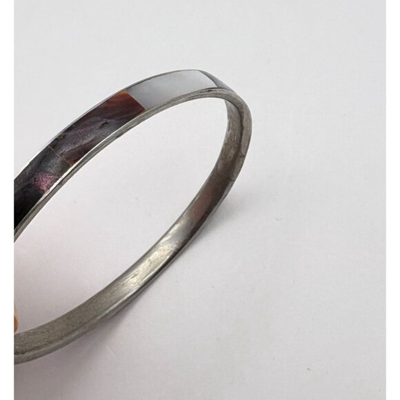 Vintage Mother of Pearl Inlay Bangle Bracelet Silver Tone Boho - Picture 4 of 7